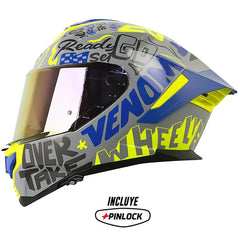 Casco Shaft Pro 609 Venom Block Letters Gris Azul Visor Iridium Rojo