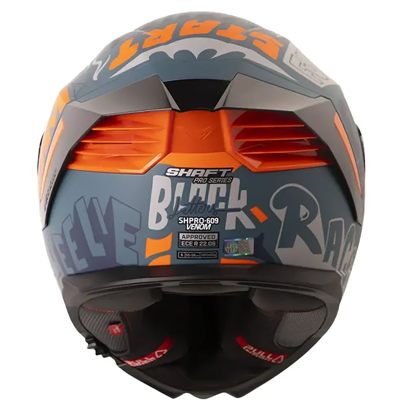 Casco Shaft Pro 609 Venom Block Letters Azul Oscuro Naranja Visor Iridium Rojo