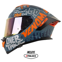Casco Shaft Pro 609 Venom Block Letters Azul Oscuro Naranja Visor Iridium Rojo