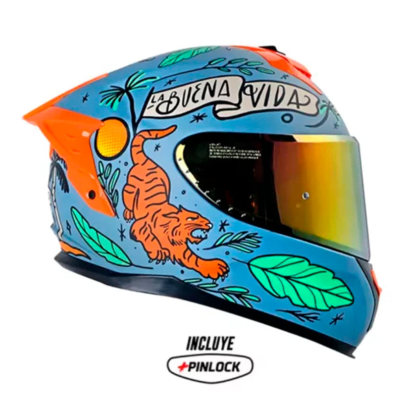 Casco Shaft Pro 610Dv Evo La Buena Vida Azul Claro Verde Visor Iridium Rojo