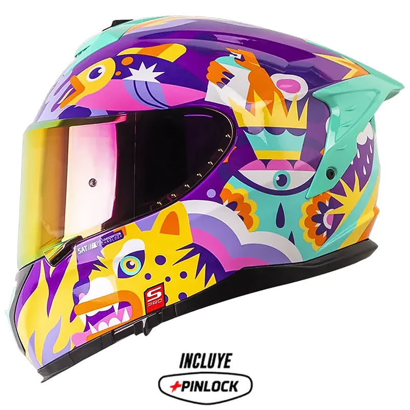Casco Shaft Pro 610 Dv Evo Magic World Morado Naranja Visor Revo Fucsia