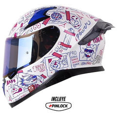 Casco Shaft Pro 612Dv Things Blanco Fucsia Visor Iridium Azul